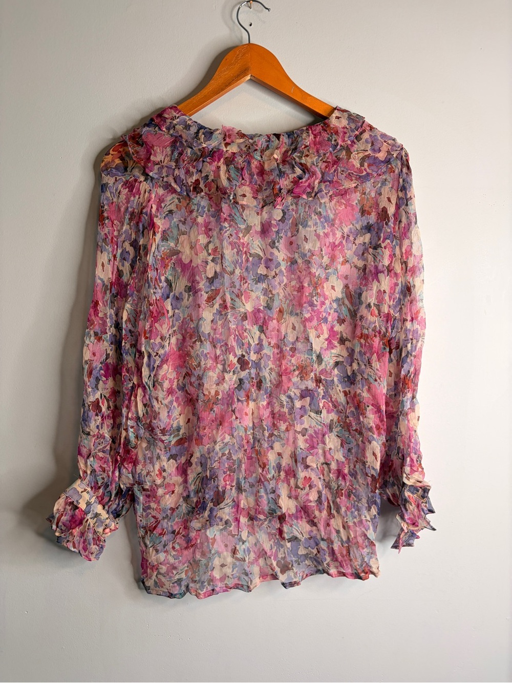 Johnny Was Silk Pink Purple Floral‎ Ruffle V-Neck Blouse Large - Picture 4 of 7